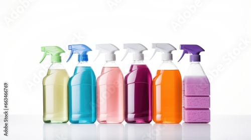 Spotless Home Essentials - Bottles with Cleaning Detergent on White Background