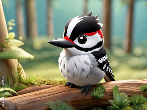 3D Toon Black and White Woodpecker on Branch in Forest