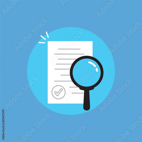 audit control like risk research symbol. concept of fraud quest by auditor and contract review by consultant. simple cartoon trend modern assess logotype graphic art design element isolated on blue