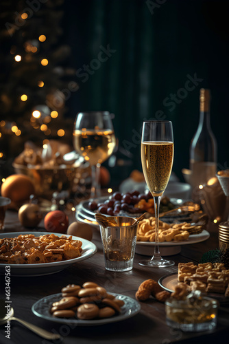 Festively set table with glasses  champagne and snacks. Christmas tree with bokeh on dark background