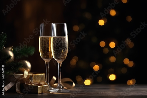 Glasses of champagne and small gift boxes. Christmas tree on dark background with bokeh
