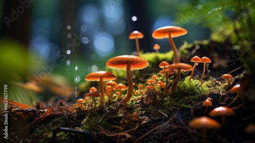 a group of mushrooms sitting on top of a forest floor.