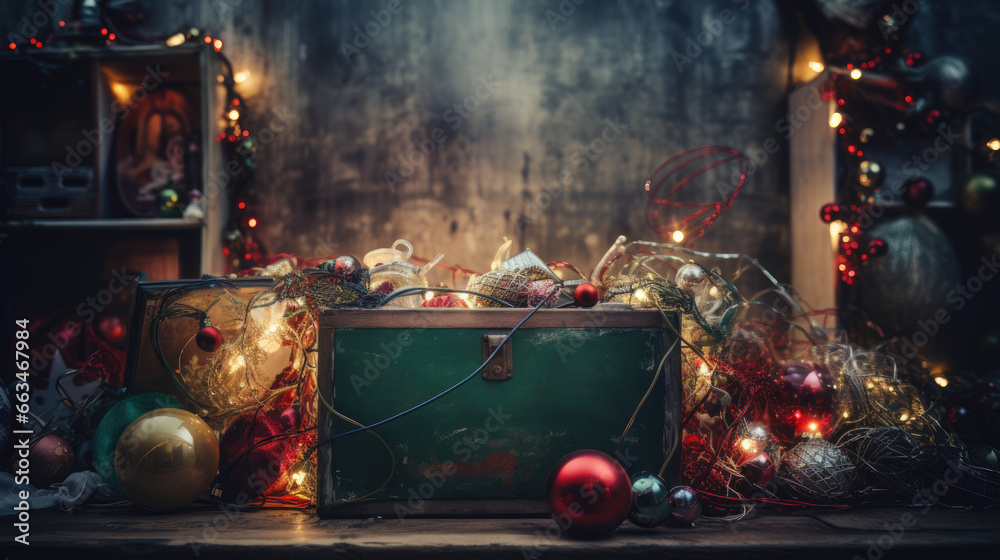 A box full of tangled and colorful fairy lights and other christmas ornaments and decorations - obrazy, fototapety, plakaty 