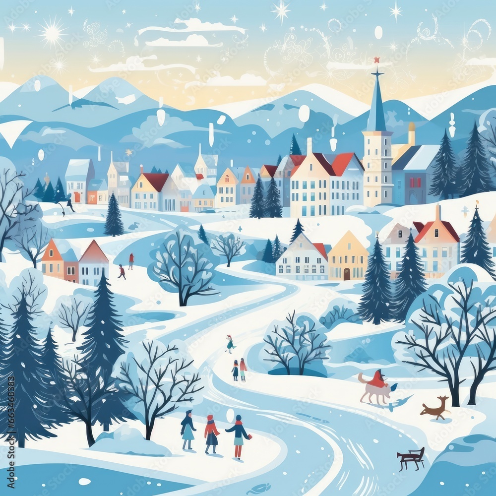 Winter landscape with houses, trees, snowflakes, sleighs. Vector style illustration. Generative Ai