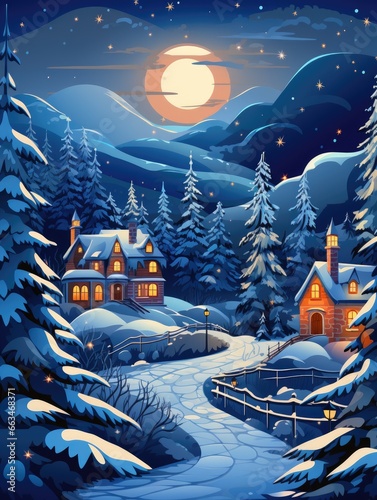 Winter landscape with wooden houses in the mountains at night. Vector style illustration. Generative Ai