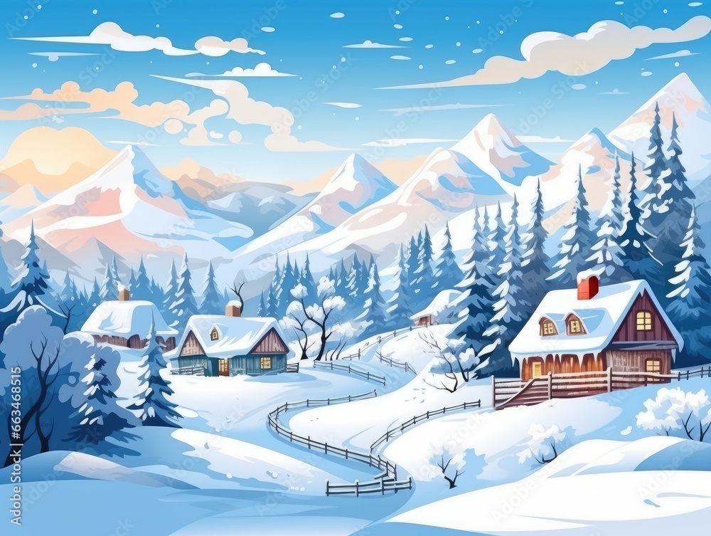 Winter landscape with snow covered village and mountains. Vector style cartoon illustration. Generative Ai