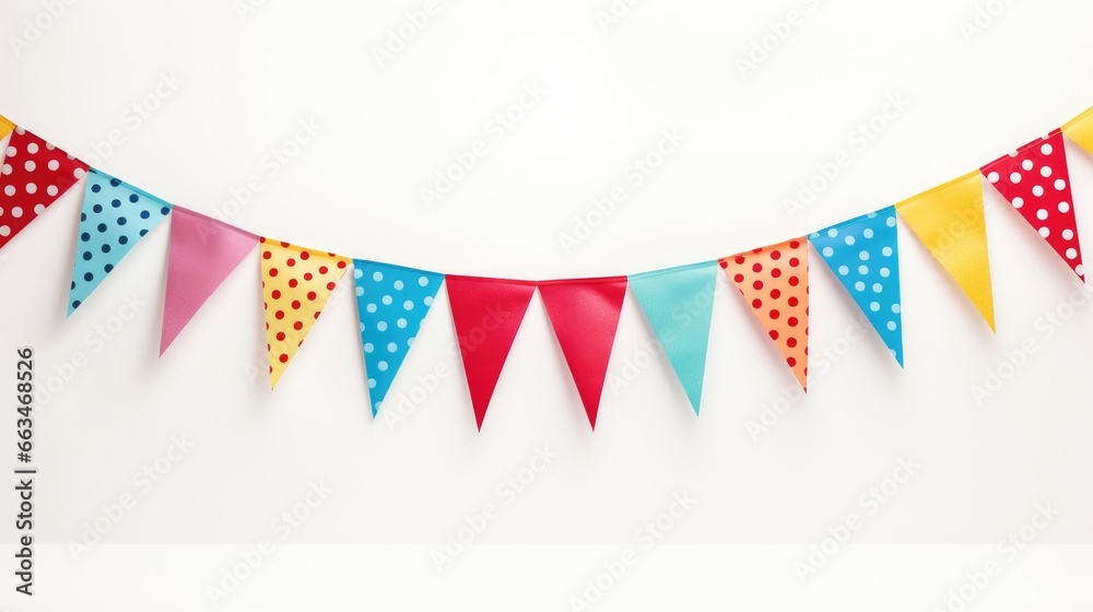 Fototapeta premium Birthday Bash Adornments - Colorful Bunting Flags as Celebration Decor on White Background
