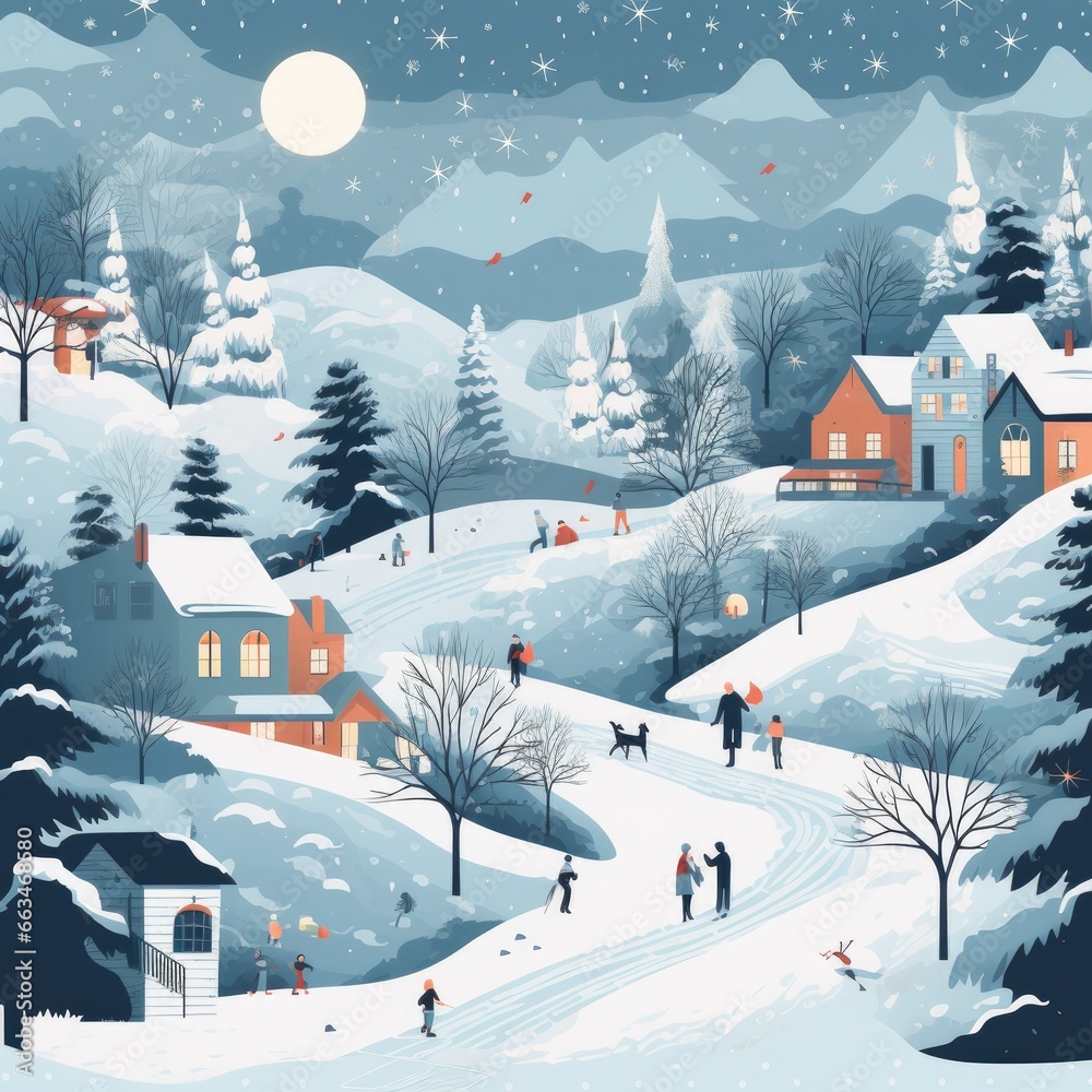 Winter landscape with village houses and snowflakes. Vector style illustration. Generative Ai