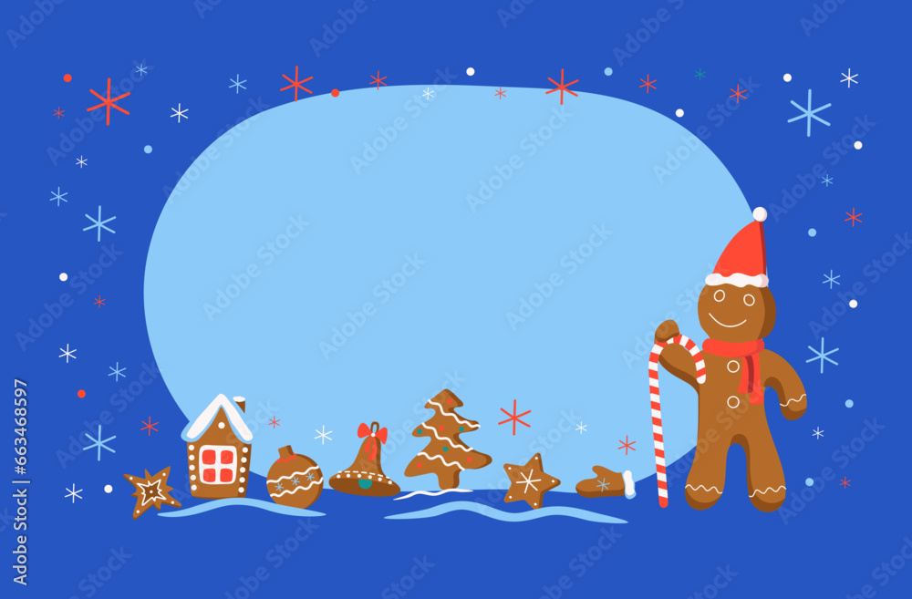 Christmas gingerbread man. Sweets. Holiday cookies, traditional dessert, pastries. House, Christmas tree, snowflakes, stars. Christmas figures. New Year banner, postcard. Winter holiday