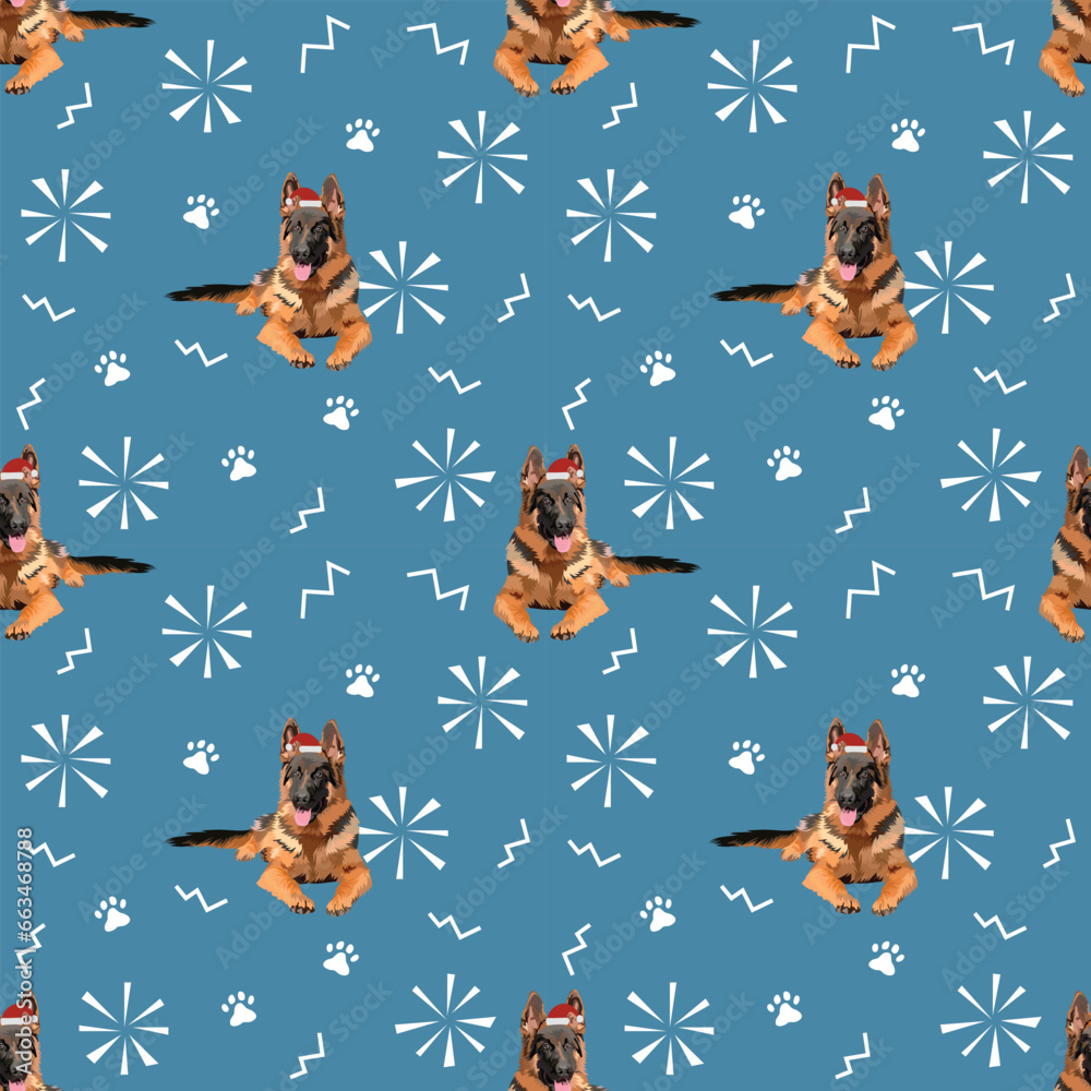 German shepherd Breed. Merry Christmas seamless pattern with dogs in hats and paws, holiday texture. Square format, poster, packaging, textile, wrapping paper. Trendy hand-drawn winter design. - obrazy, fototapety, plakaty 