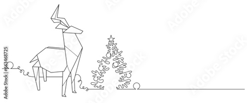 line art drawing Christmas tree, reindeer. Black and white line art Merry Christmas banner, minimalist style. Vector