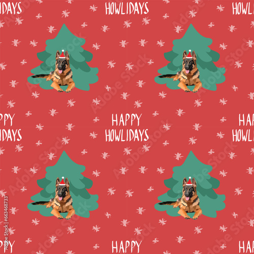 german shepherd dog Christmas seamless pattern. Popular repeatable winter background. Happy Howlidays Dog Christmas Card for dog lovers. Abstract texture with dog, tree, snowflakes. Cartoon style. photo