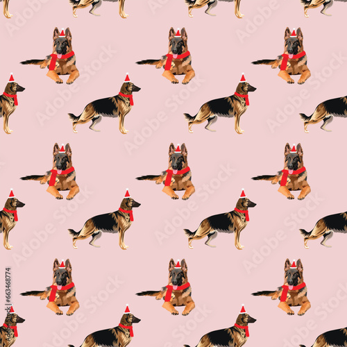 german shepherd dog Christmas seamless pattern. Repeatable winter background. Happy Howlidays Dog Christmas Card for dog lovers. Abstract texture with dog in Santa hat and scarf. Cartoon style. © Natalia