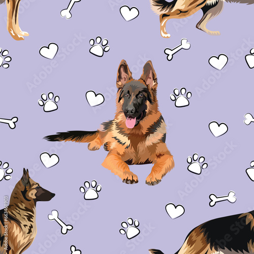 german shepherd seamless pattern with dogs, bones, hearts, and paws on a playful a light violet background.Holiday texture with mixed-breed dog in one color, line art style, white dog icons, wallpaper