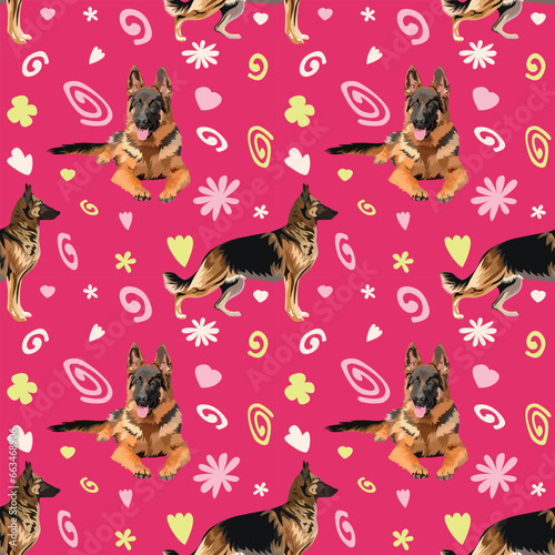 Summer pattern with spirals, leaf, flowers and sitting dogs. Bright pink colors. Elegant, seamless background, abstract pattern with hand-drawn colorful shapes and german shepherd in laying poses.