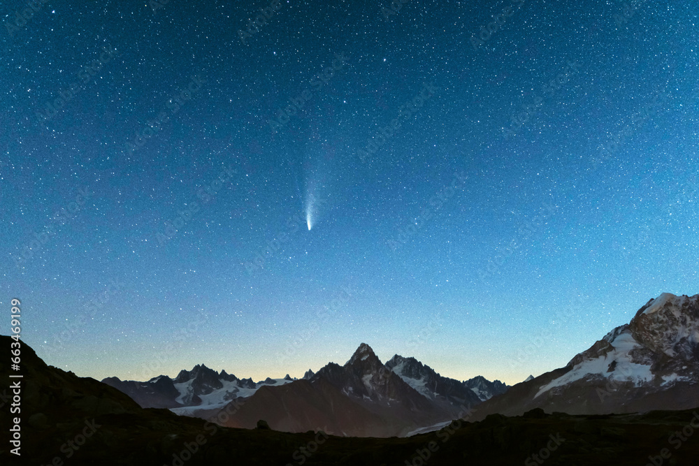 Picturesque night starry view of Monte Bianco mountains range in French Alps. Vallon de Berard Nature Preserve, Chamonix, Graian Alps. Landscape photography - obrazy, fototapety, plakaty 