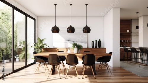 Interior design inspiration of Mid-Century Modern Minimalist style home dining room loveliness decorated with Wood and Steel material and Pendant Light .Generative AI home interior design .