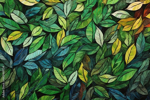 A colorful mosaic made entirely of different shades of green leaves