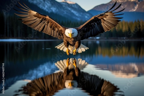 A bald eagle catching a fish, perfectly mirrored in the glassy lake below