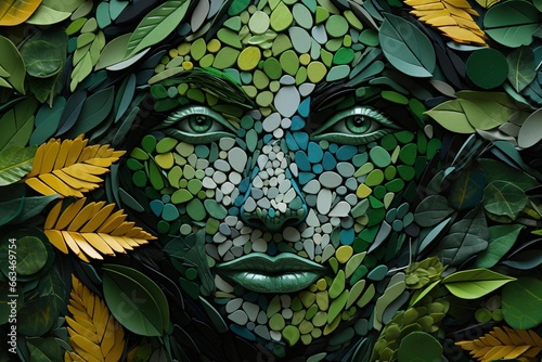A colorful mosaic made entirely of different shades of green leaves