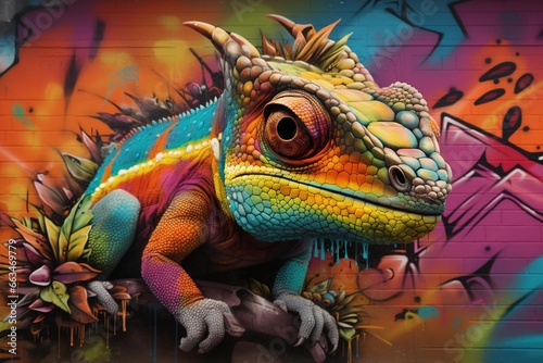 A chameleon on a vibrant graffiti wall  changing colors to match the background