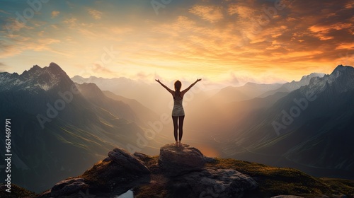  a woman standing on top of a mountain with her arms outstretched. generative ai