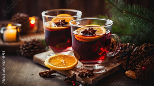 Christmas mulled red wine with spices and fruits on a wooden rustic table. Winter traditional hot drink. Blured background.