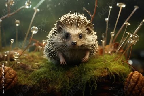 A hedgehog crossing a mossy forest floor, adorned with dew-covered spiderwebs photo