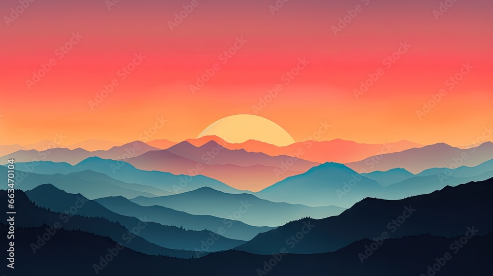  a sunset over a mountain range with a red and blue sky.  generative ai