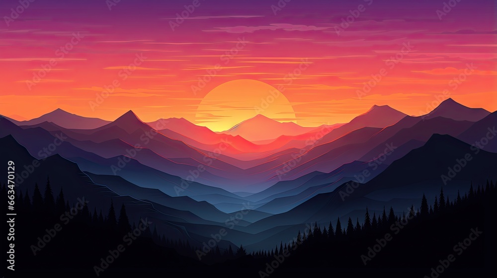  a sunset with mountains and trees in the foreground and the sun in the distance.  generative ai
