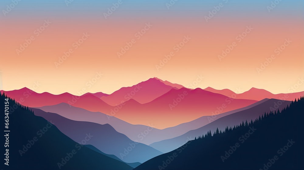  a mountain landscape with a sunset in the background and a pink sky.  generative ai