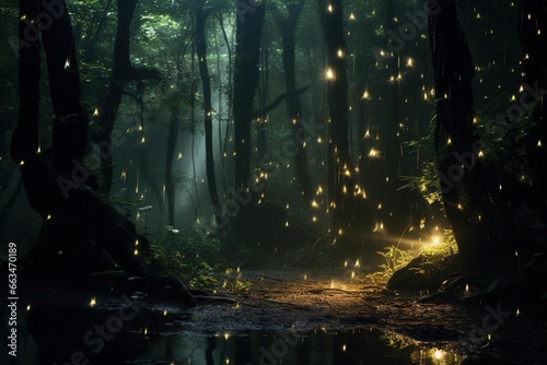 A long-exposure shot of fireflies lighting up a dark forest © Dan