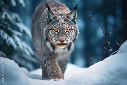 A lynx prowling through a snow-covered forest, its eyes glowing in twilight