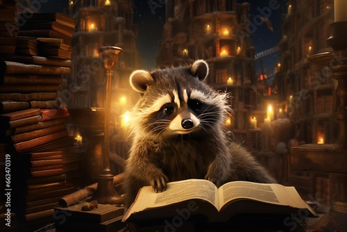 A raccoon inside a library at night, softly lit, looking over an open atlas © Dan