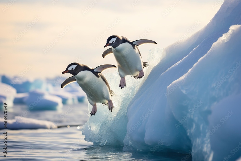 Fototapeta premium A trio of penguins sliding down an Antarctic ice slope into the sea