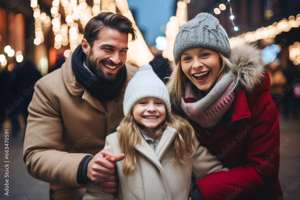 A joyful young family of three, wrapped in warm winter attire, shares a candid moment amidst twinkling city lights, evoking warmth and festive cheer.