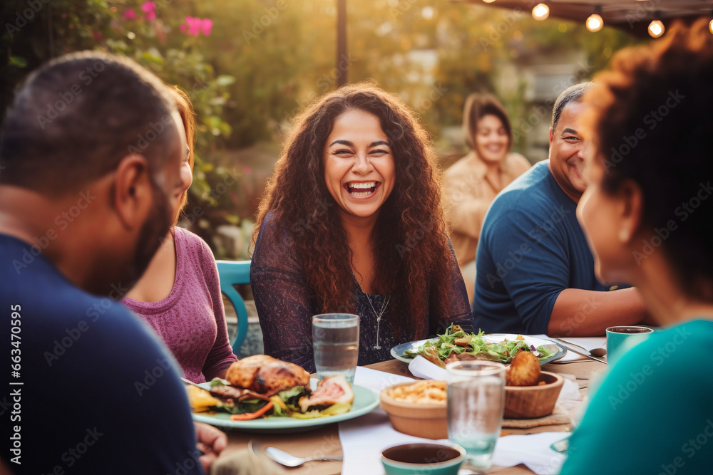 Outdoor gathering of friends and family around a table, laughing in sunlit warmth. A curly-haired woman & bearded man share a joyful moment while enjoying their meals.