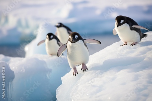 A trio of penguins sliding down an Antarctic ice slope into the sea
