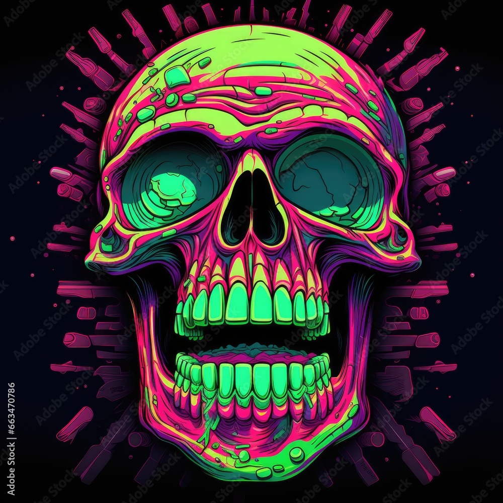 A vibrant neon skull against a dark backdrop