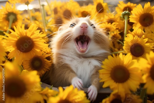 A yawning hamster with cheeks full, nestled in a pile of sunflowers