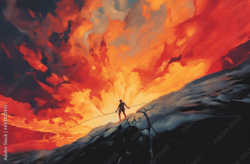 A man walking across a mountain in a breathtaking landscape painting