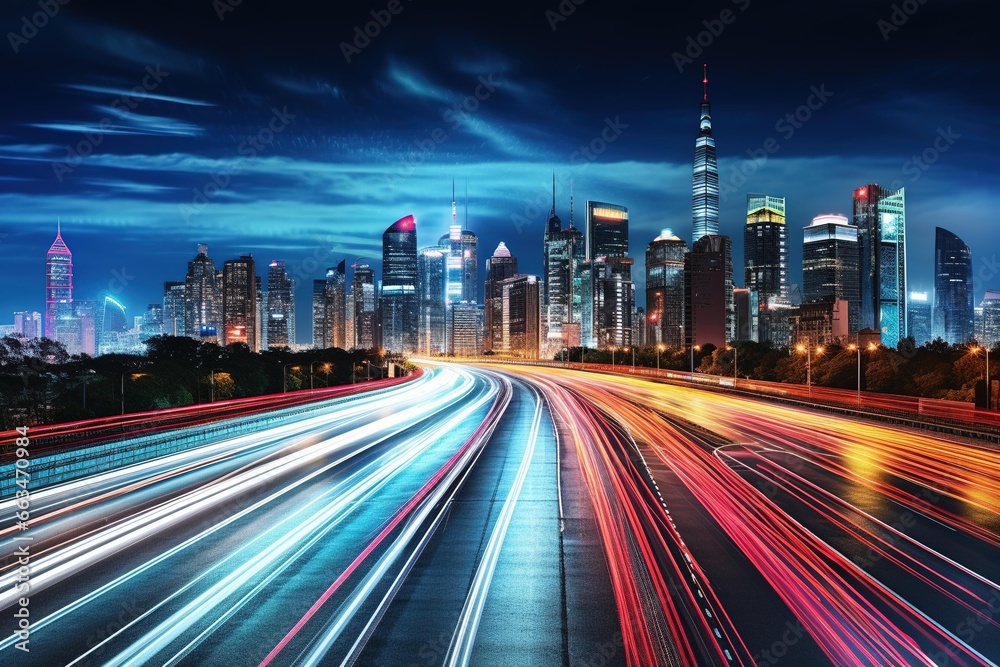 Fototapeta premium City skyline at night with light trails from speeding cars on a highway