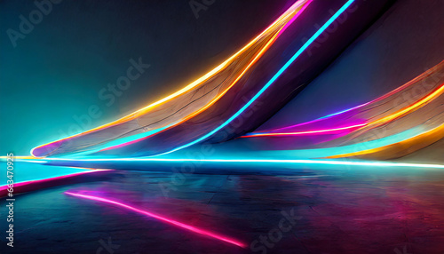d render. Abstract neon background. Fluorescent ines glowing in the dark room with floor reflection. Virtual dynamic ribbon. Fantastic panoramic wallpaper. Energy concept photo