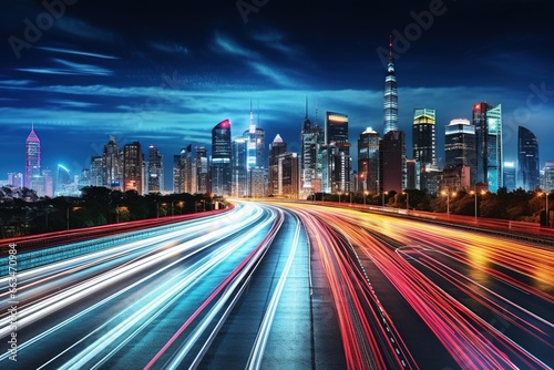 City skyline at night with light trails from speeding cars on a highway