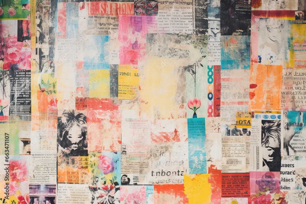 Fading monochrome newsprint overlaid on colorful Bohemian-patterned wallpaper - obrazy, fototapety, plakaty 