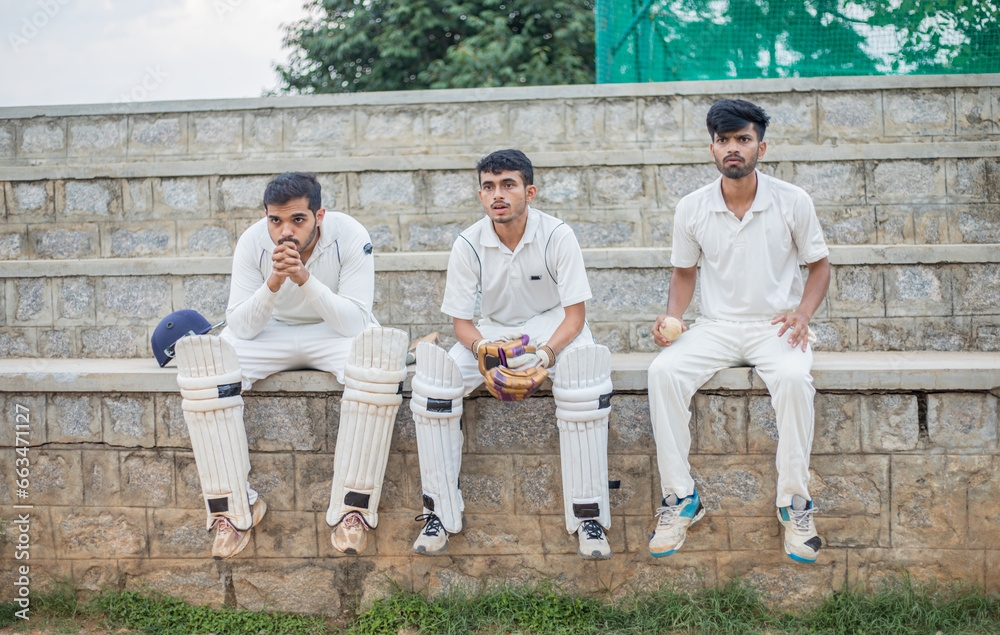 Cricket players watching their teammate play during cricket match at the stadium
