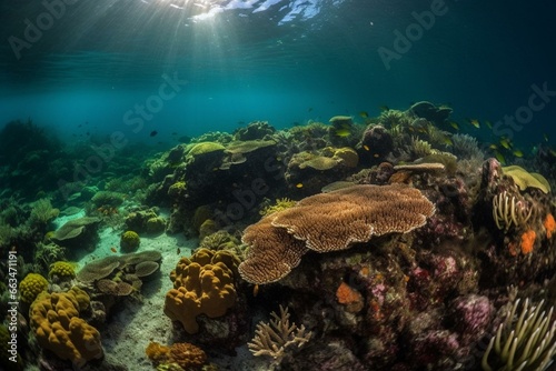 Vibrant underwater seabed abundant with diverse marine organisms. Generative AI