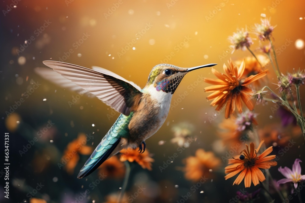 High-speed capture of a hummingbird hovering over a field of wildflowers and grass