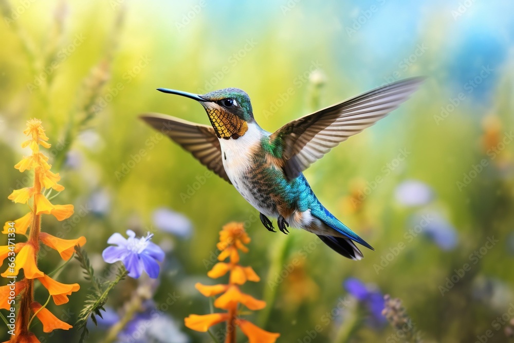Naklejka premium High-speed capture of a hummingbird hovering over a field of wildflowers and grass