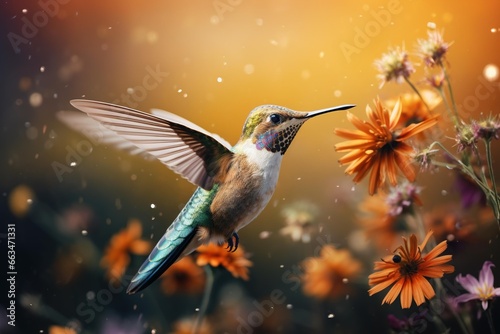 High-speed capture of a hummingbird hovering over a field of wildflowers and grass © Dan